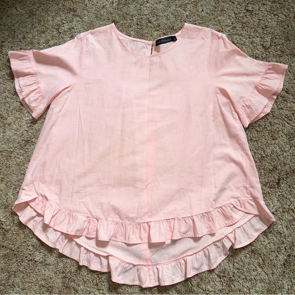 100% Cotton Ruffle Pink Blouse Professional Office Top